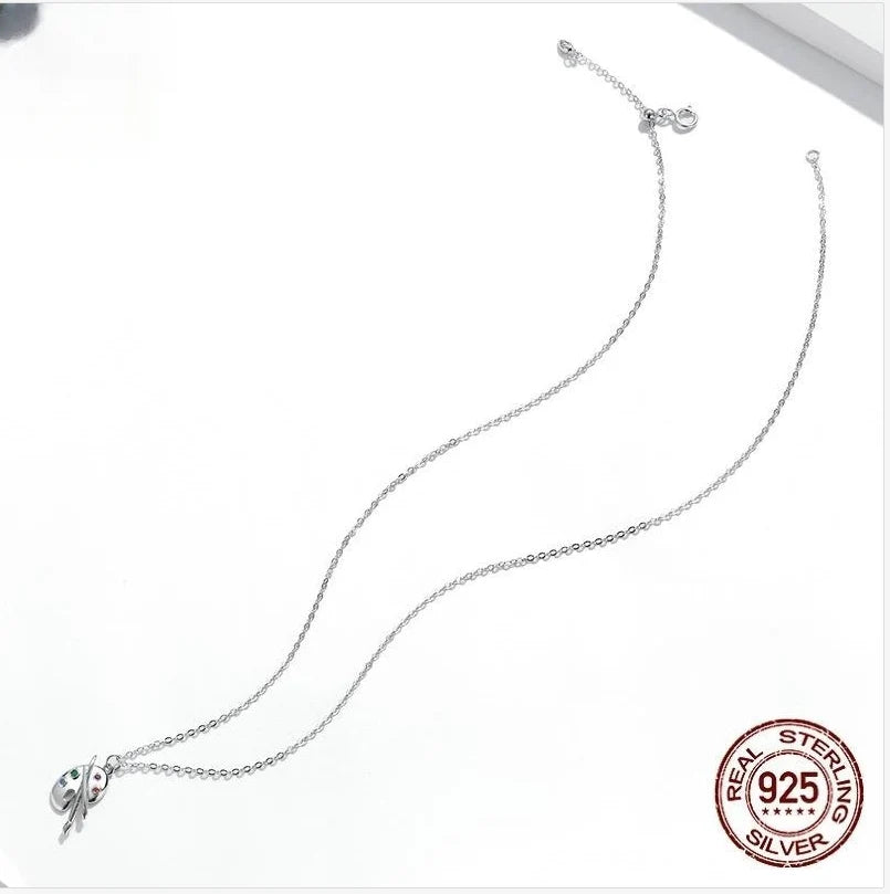 Elegant 925 silver necklace with white gold plated palette design and adjustable chain