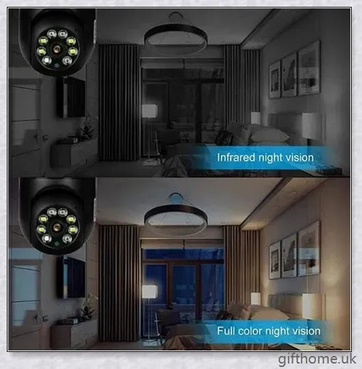 5G Wi-Fi smart home surveillance bulb camera with 360-degree coverage, night vision, and remote monitoring capabilities