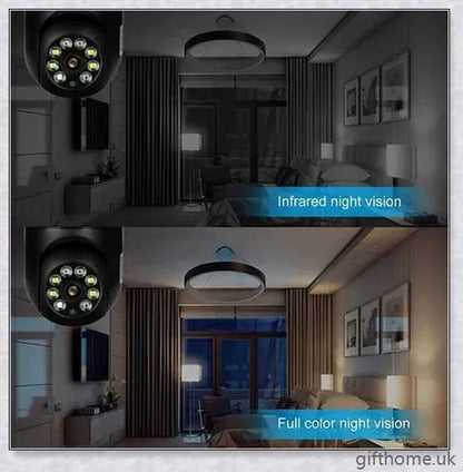 5G Wi-Fi smart home surveillance bulb camera with 360-degree coverage, night vision, and remote monitoring capabilities