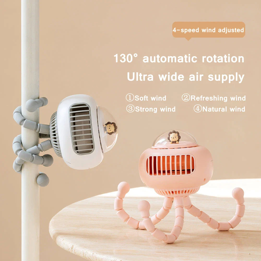 Stylish cartoon portable safe stroller fan with bladeless design and 130-degree automatic rotation for customisable cooling