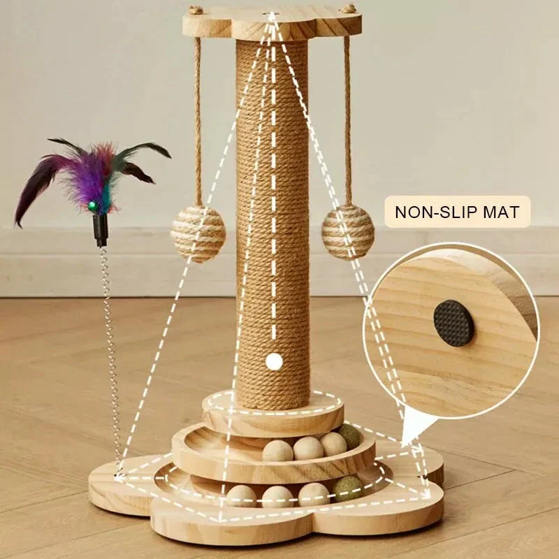 Premium pine wood cat scratcher tower with interactive turntable balls for feline playtime and activity