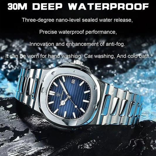 Refined Square Quartz Timepiece with stainless steel band, luminous hands, and water resistance up to 30 metres