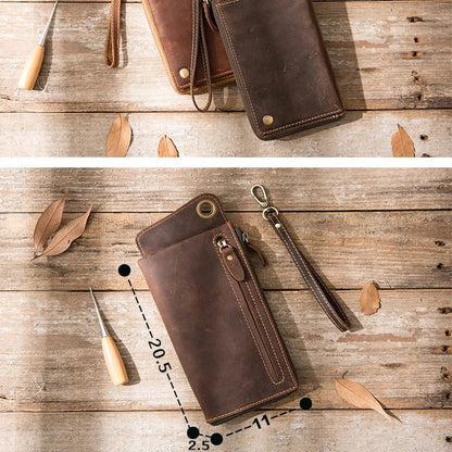 Premium genuine leather zipper phone wallet case in dark brown colour with multiple compartments for organisation
