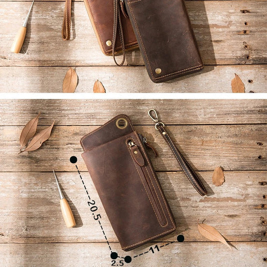 Premium genuine leather zipper phone wallet case in dark brown colour with multiple compartments for organisation