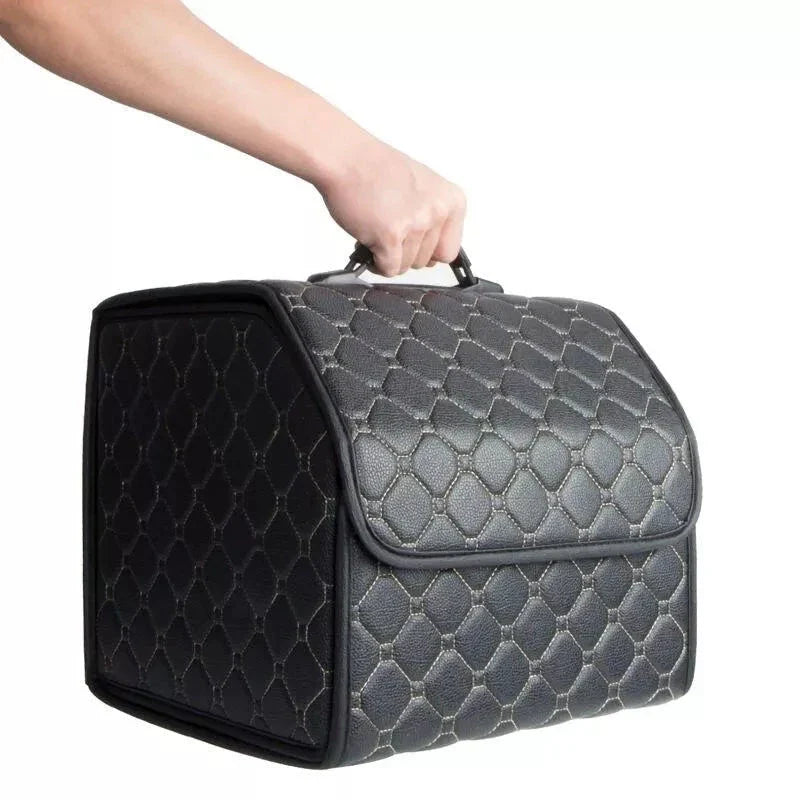 Premium collapsible leather car boot organiser in black, burgundy red, and black red colours