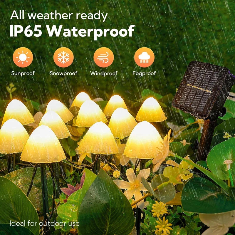Solar-powered mushroom-shaped pathway lights creating a magical ambiance in a garden or backyard