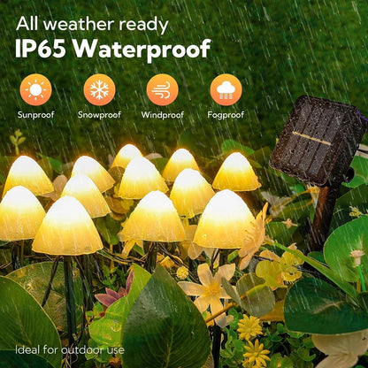 Solar-powered mushroom-shaped pathway lights creating a magical ambiance in a garden or backyard