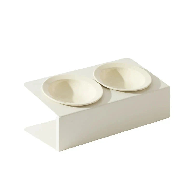 Stylish elevated ceramic pet bowls with an iron stand, designed for both cats and small dogs.