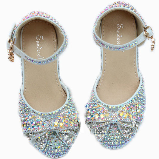 Enchanting princess crystal shoes with bow detail and dazzling crystals, perfect for girls' special occasions