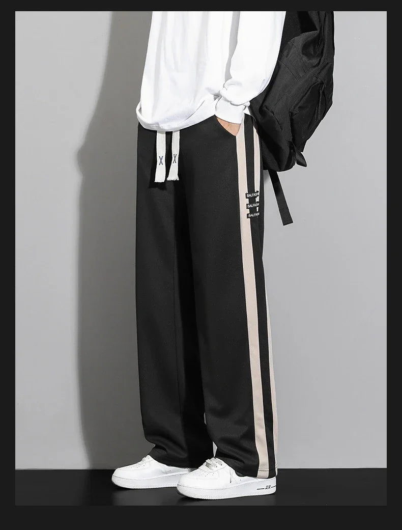 Comfortable striped straight-leg casual trousers in various colours and sizes