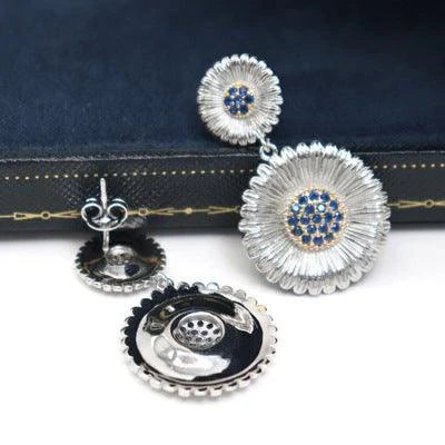 Long Small Daisy Stud Earrings in two-tone design for fashionable British women