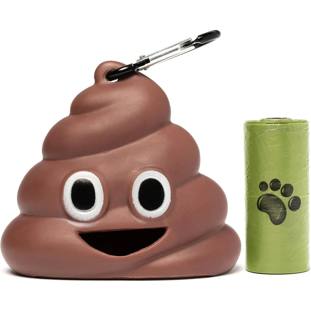 A brown leash-attached poop bag dispenser with a metal carabiner clip, designed for convenient pet waste management during outdoor activities.