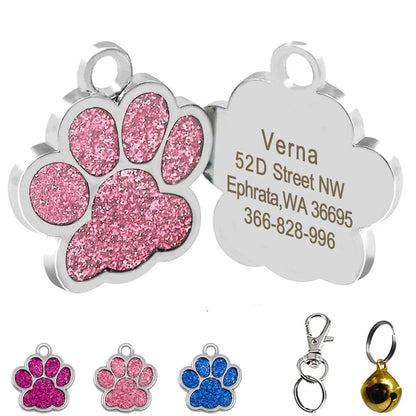 Paw-shaped pet ID tag with rhinestone embellishments, designed for safety and style