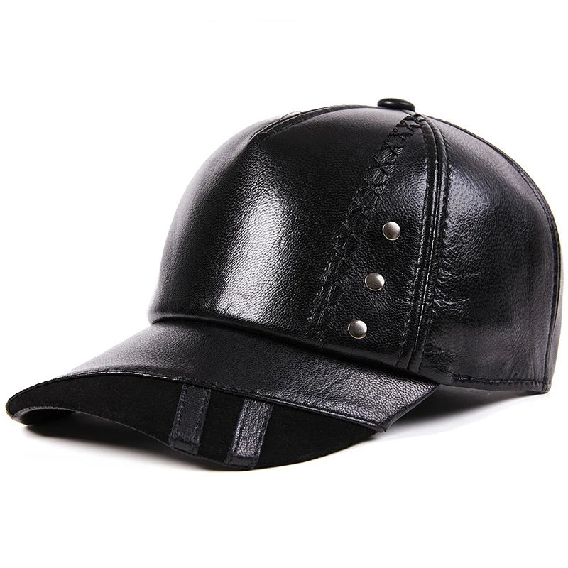 Premium genuine leather British baseball cap in black and brown colours, featuring an adjustable free-size design and dome-shaped crown