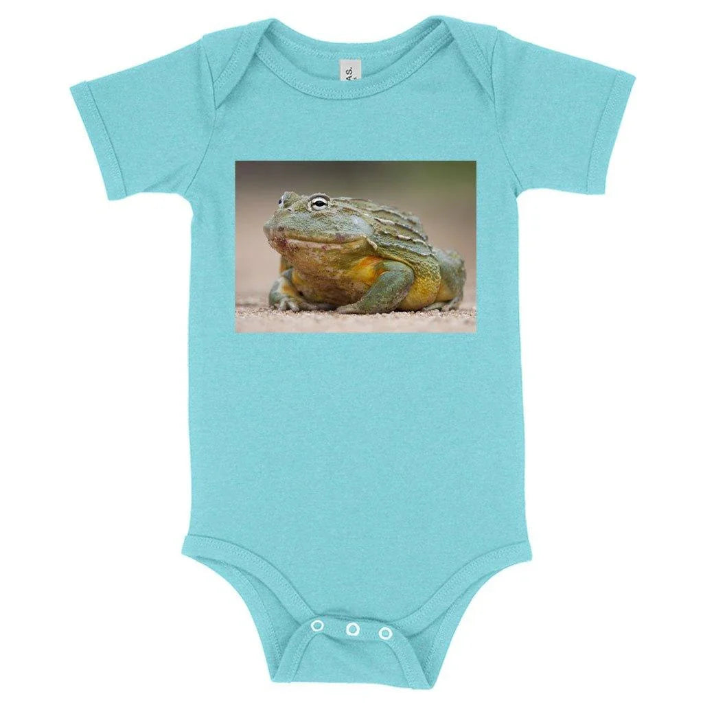 Soft and comfortable Bullfrog baby onesie made with premium Airlume cotton blends, designed for newborns to 24-month-olds