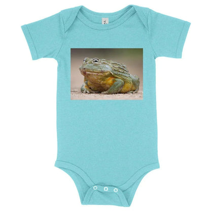 Soft and comfortable Bullfrog baby onesie made with premium Airlume cotton blends, designed for newborns to 24-month-olds