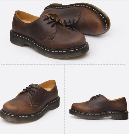 Premium crazy horse leather couple shoes with Martin-style design, PVC sole, and superfine fibre lining