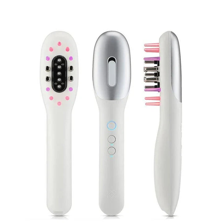 An electric hair growth comb with infrared and blue light therapy, designed to stimulate hair follicles and promote healthier, stronger hair growth.