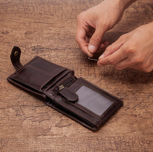 Premium British cowhide leather wallet with multi-card design and anti-magnetic protection