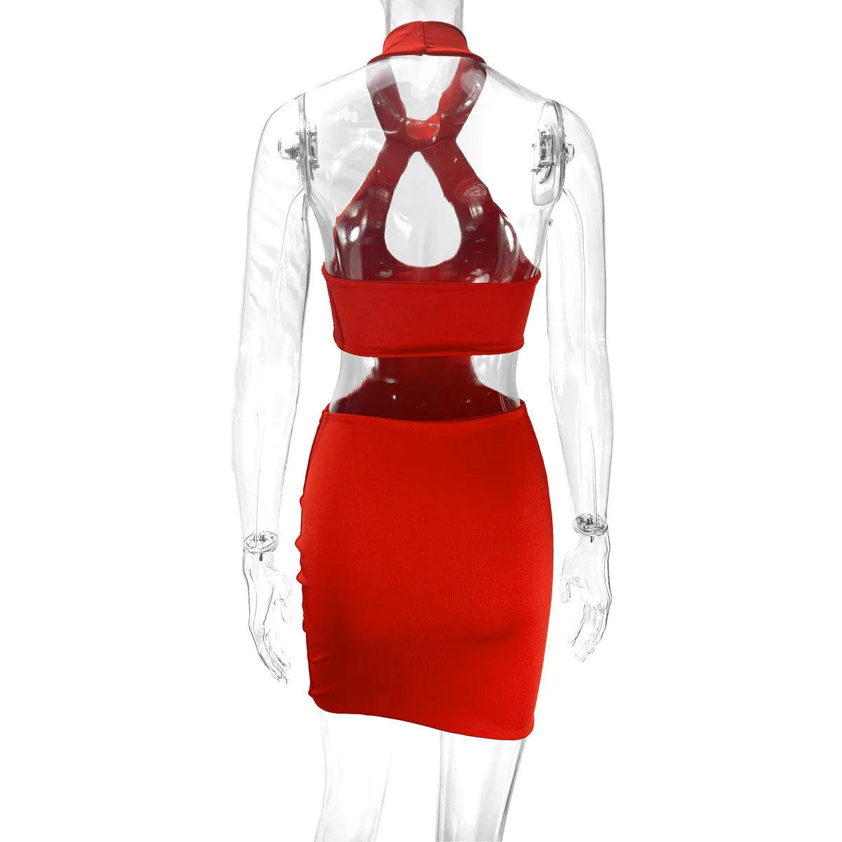 A chic backless halter dress made from premium milk silk with cut-outs at the hips, perfect for formal or semi-formal events.