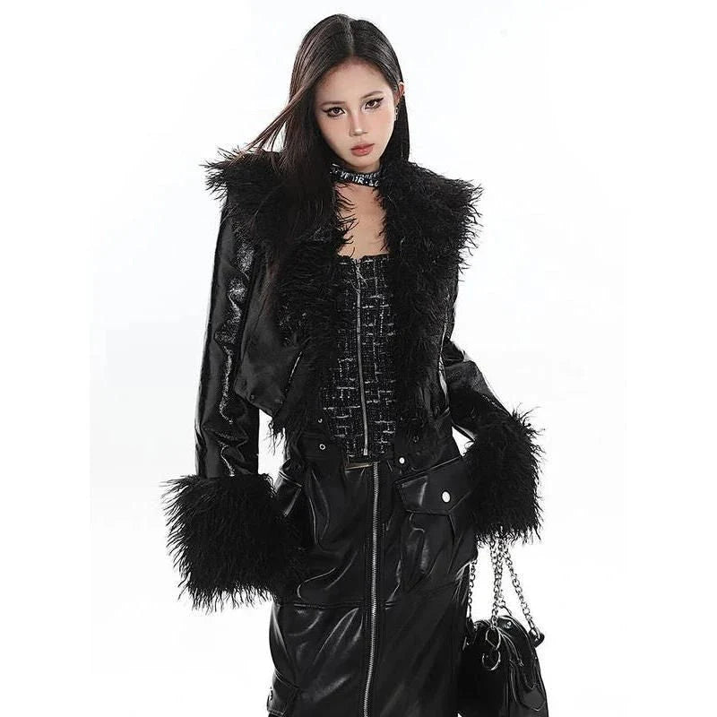Elegant women's leather jacket with plush suede collar, a blend of timeless style and contemporary British fashion