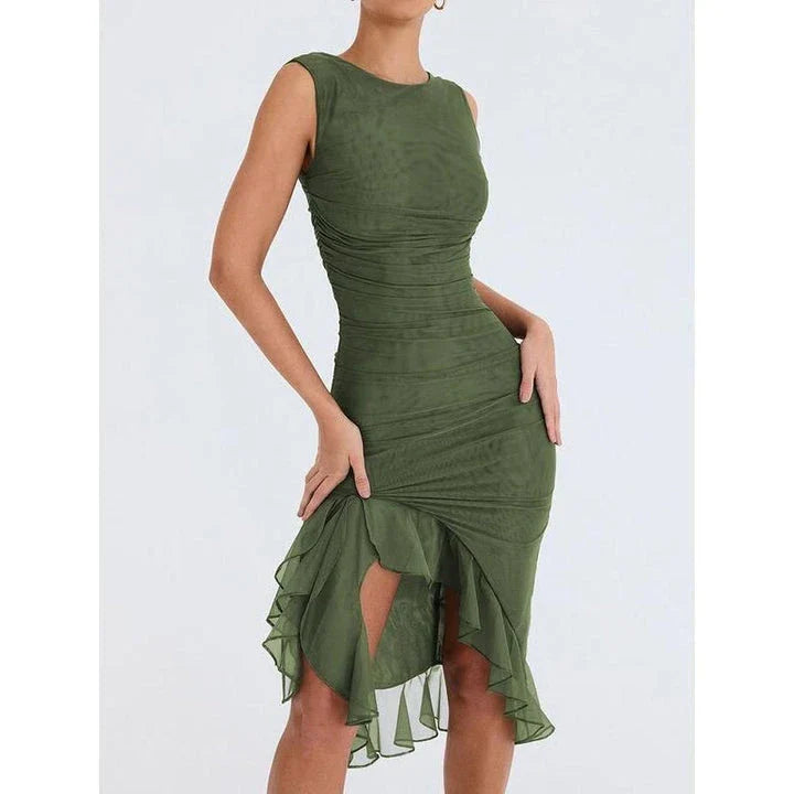 Elegant backless midi dress with ruffled tiers and sleeveless design, perfect for British women's fashion