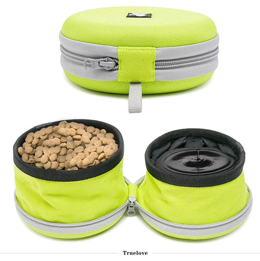 Premium collapsible dog bowl with dual compartments for food and water, made of durable 900D oxford fabric and waterproof nylon lining