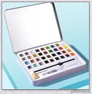 A set of vibrant watercolour paints with a glittering, iridescent effect, including brushes, a palette, and paper for a complete painting experience.
