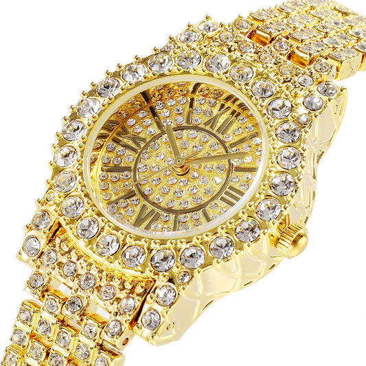 Elegant rhinestone-encrusted waterproof quartz watch with a sleek, round dial in gold, silver, or middle gold finishes