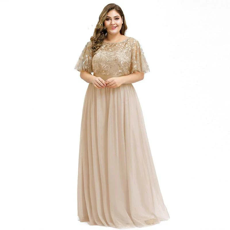 A plus size evening gown with a sparkling sequin mesh overlay in a variety of colours, including white, gray, green, black, gold, wine red, navy blue, bean paste powder, and dirty blue.