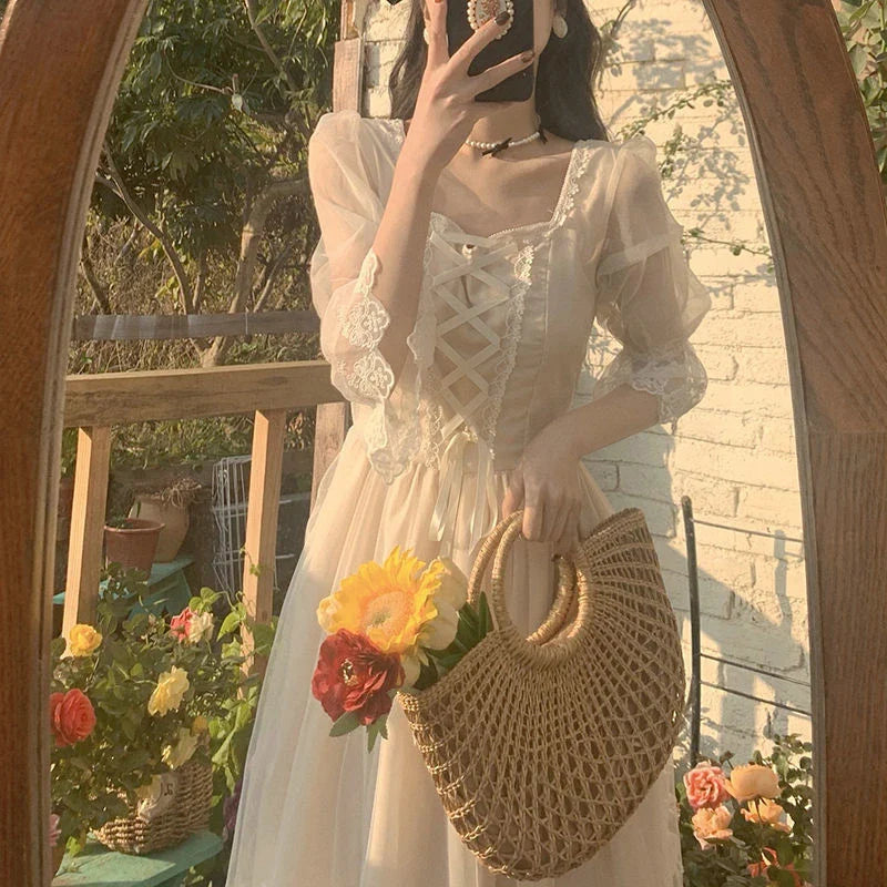 Floral Retro Tea Dress with Flowing Skirt in White Colour