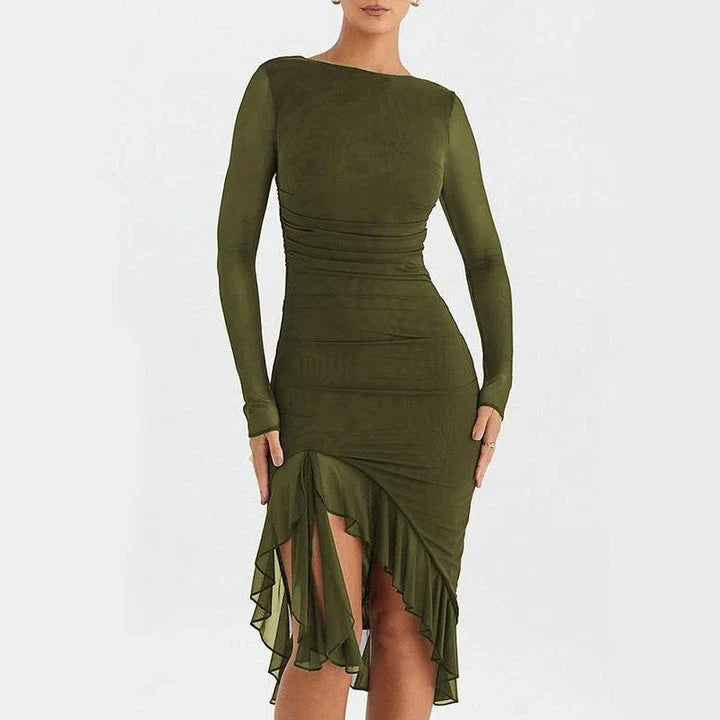Elegant Ruffled and Ruched Mini Dress in Wine Red with a backless, ruffled, and ruched design for a stylish statement