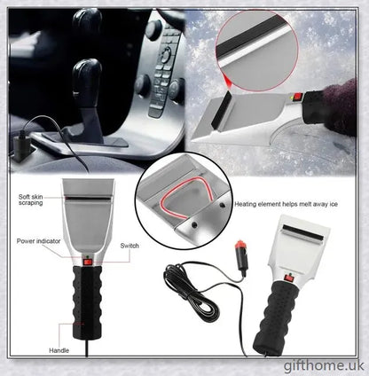 Premium heated snow shovel with stainless steel and plastic construction, designed for efficient snow and ice removal.