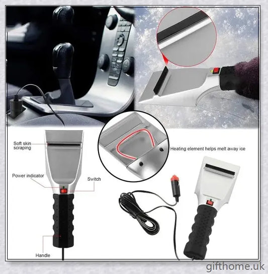 Premium heated snow shovel with stainless steel and plastic construction, designed for efficient snow and ice removal.