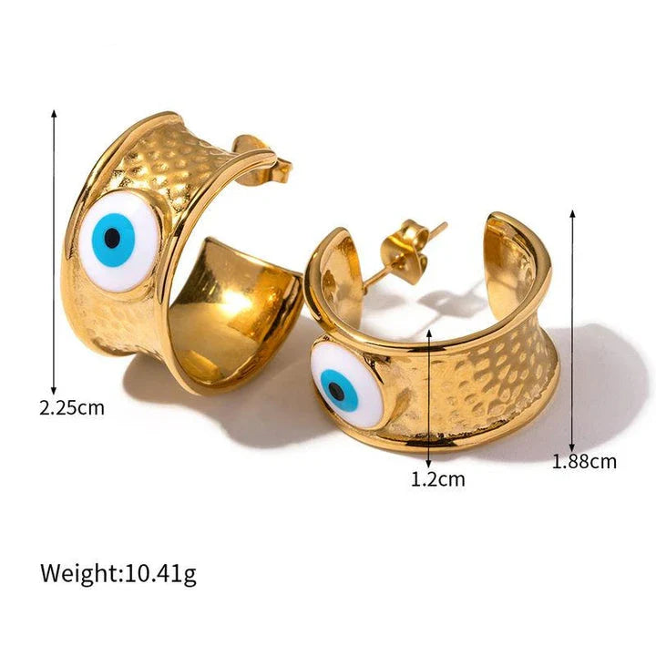 Luxury 18K gold-plated earrings with a unique Devil's Eye design and hammer grain texture in stainless steel
