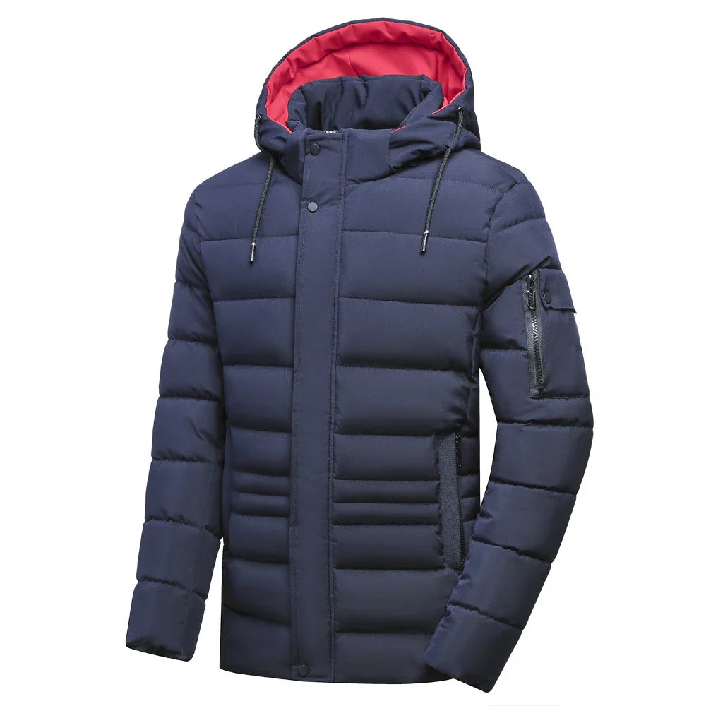 Warm and versatile fleece-lined cotton jacket for men in various classic colours, featuring a detachable hood for added protection against the elements.