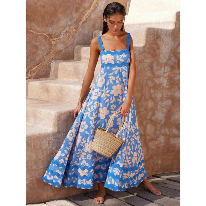 Luxurious dot print ankle-length dress with flounced edge, perfect for sophisticated style and all-day comfort.