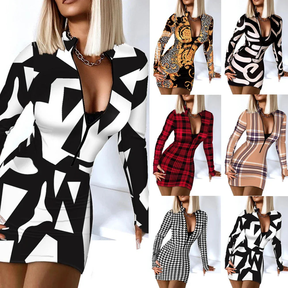 Stylish women's long-sleeved dress with V-neck and zipper pockets, available in various colours and sizes
