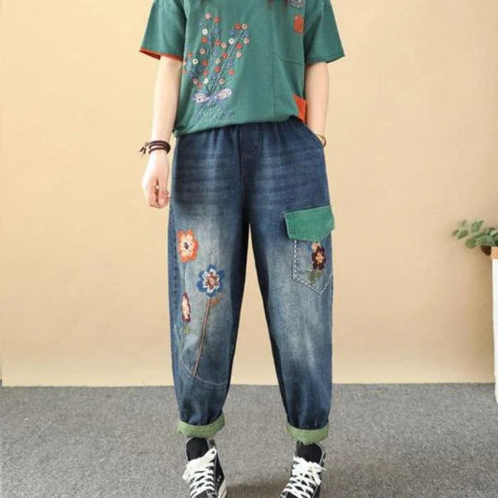 Stylish embroidered patchwork ankle-length harem jeans with a comfortable, versatile design