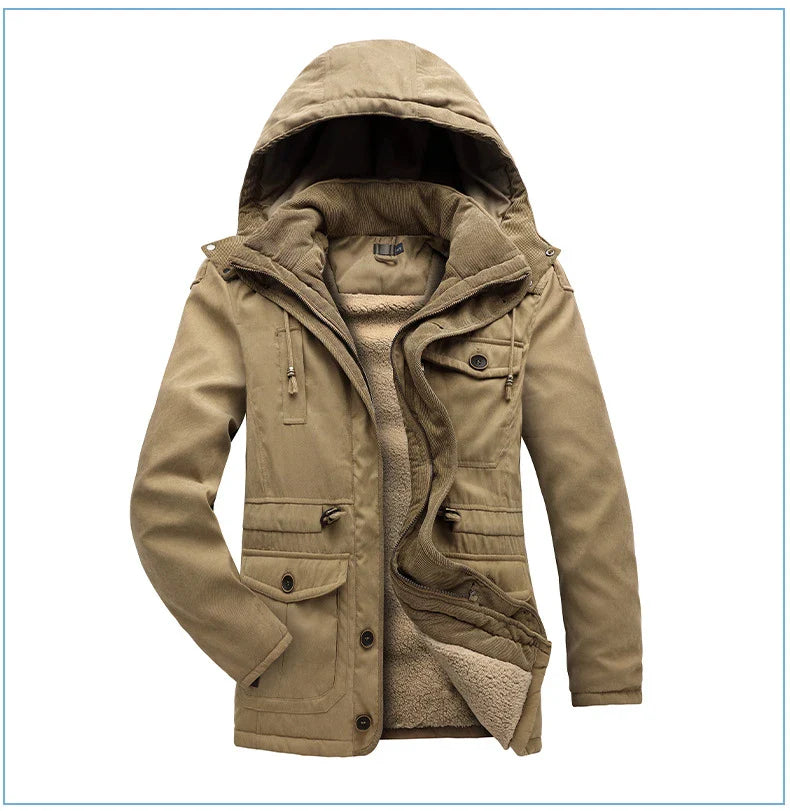 A premium fleece-lined and cotton-padded winter coat for plus-size men, available in a range of classic colours.