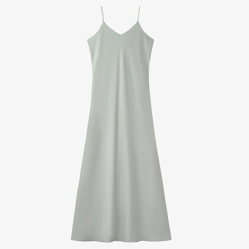 Premium high-stretch ribbed wrap top and flowing matte satin maxi dress set in black, tan, and green colours
