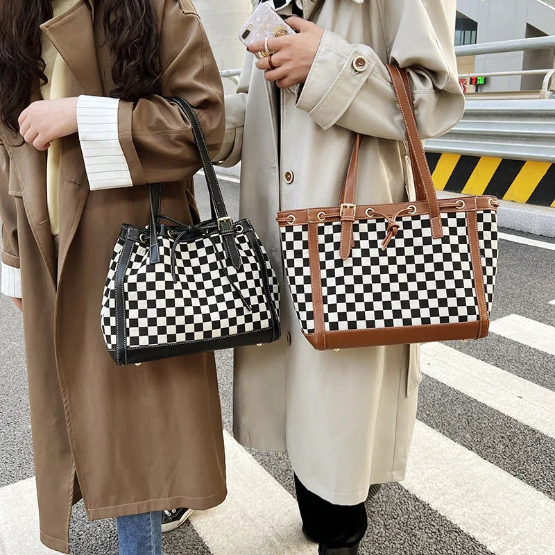 Stylish contrast colour tote bag with chic checkerboard design, made from premium PU leather for durability and versatility