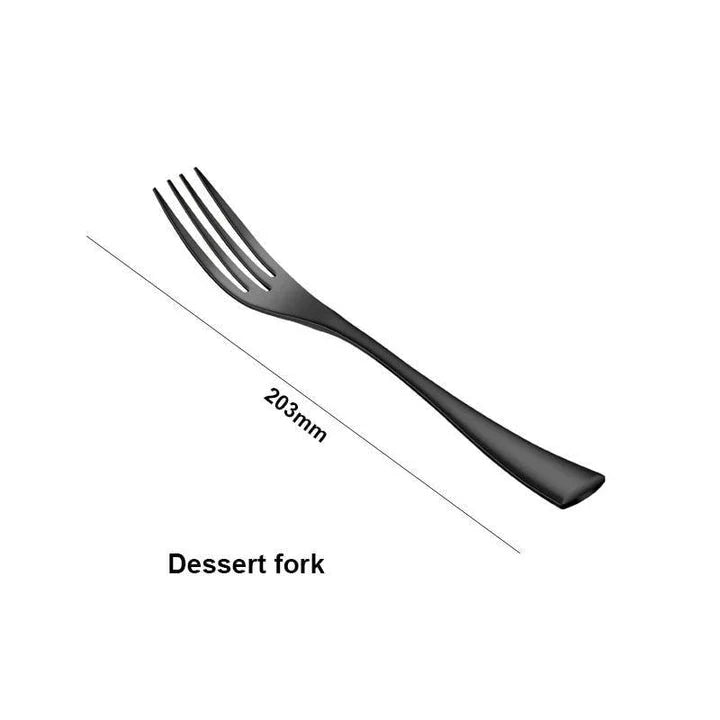 A stylish set of black stainless steel flatware, including a teaspoon, knife, and fork, on a white background.