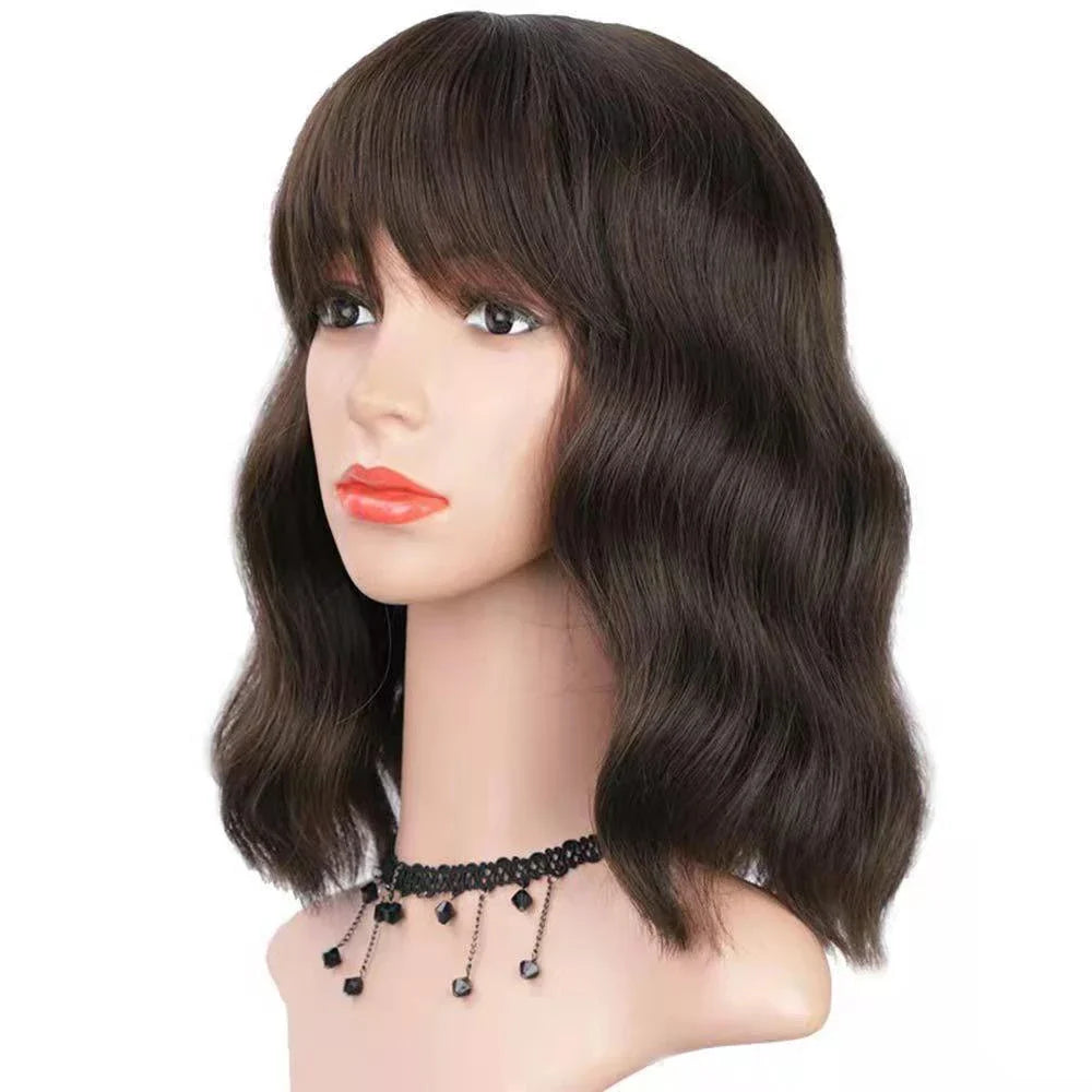 A premium curly wig with natural-looking waves and customisable air bangs, crafted with high-quality artificial hair fibres for a versatile and long-lasting style.