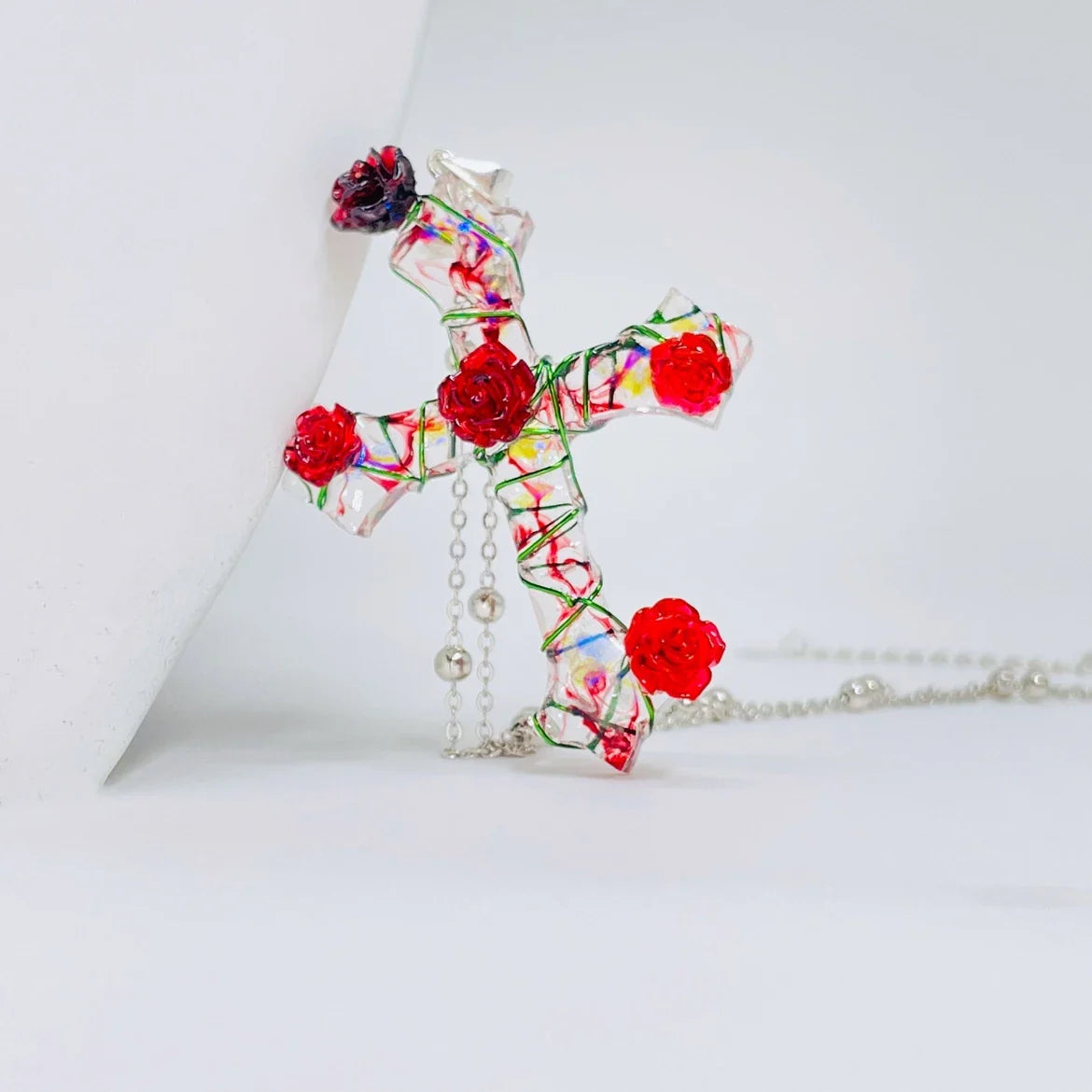 Miaoke Handmade S925 Sterling Silver Cross Necklace with Captivating Rose Pendant