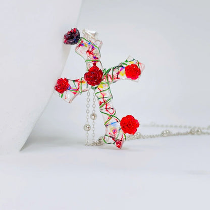 Miaoke Handmade S925 Sterling Silver Cross Necklace with Captivating Rose Pendant
