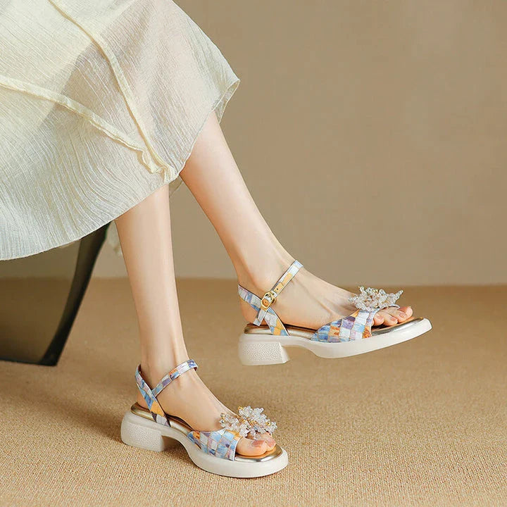 Premium genuine leather gladiator sandals with chunky square heel, adjustable strap, and unique checkered pattern design