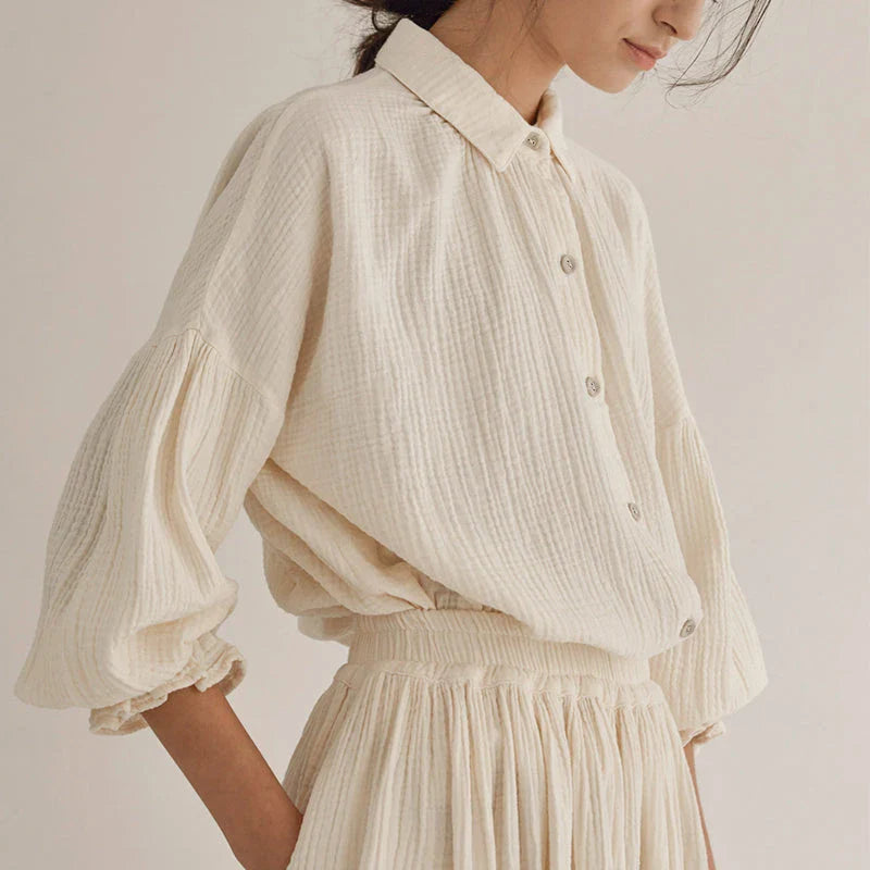 Elegant lantern sleeve shirt and chic skirt two piece set in 100% cotton gauze fabric