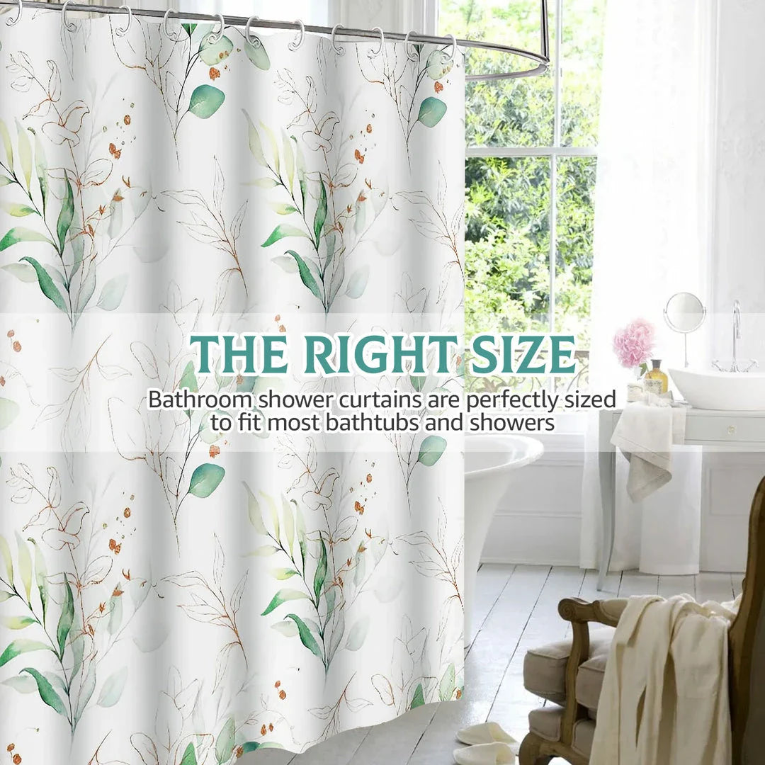 Elegant leaf-patterned waterproof shower curtain with a nature-inspired design, suitable for UK bathrooms