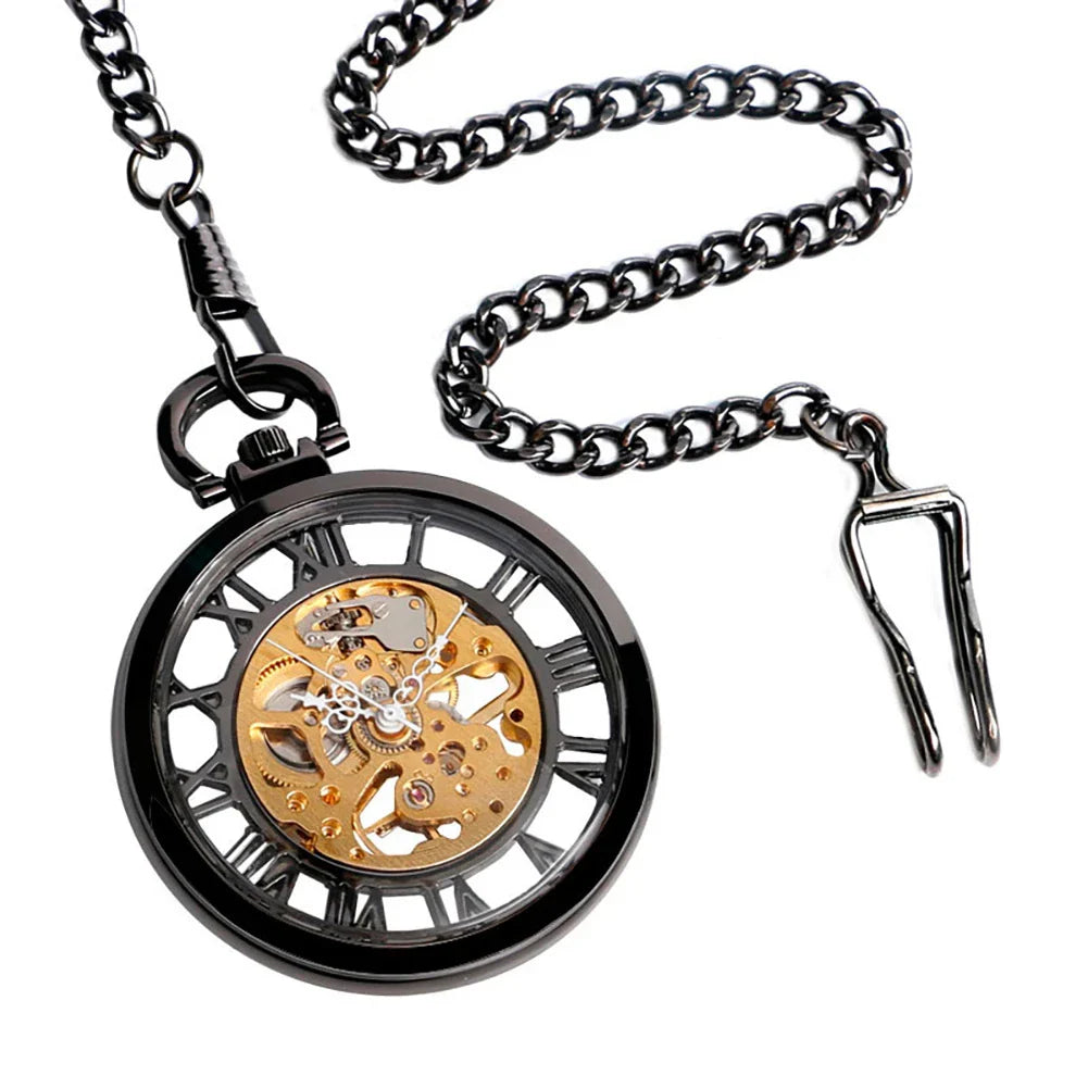 Classic double-sided mechanical pocket watch with transparent cutout design and Roman numeral dial